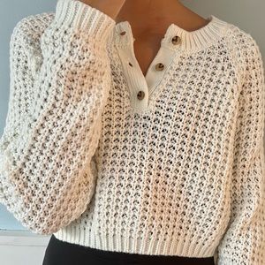Warm knit button cropped Henley sweater